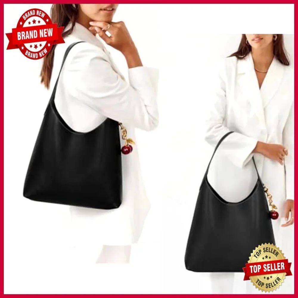 Medium Vegan Leather Hobo Shoulder Bag with Cherry Charm Slouchy Tote